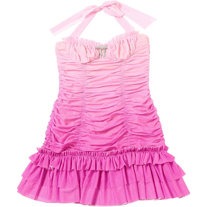 Gradient halter ruched mesh mini dress  | Festival Outfits Women