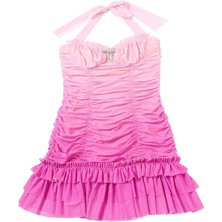 Gradient halter ruched mesh mini dress  | Festival Outfits Women