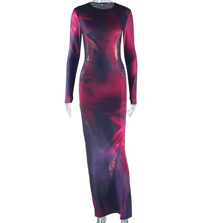 Long sleeve crewneck contrast slit maxi dress  | Festival Outfits Women
