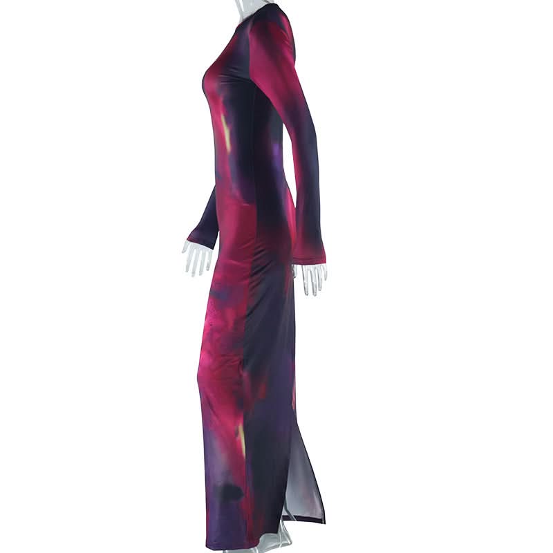 Long sleeve crewneck contrast slit maxi dress  | Festival Outfits Women