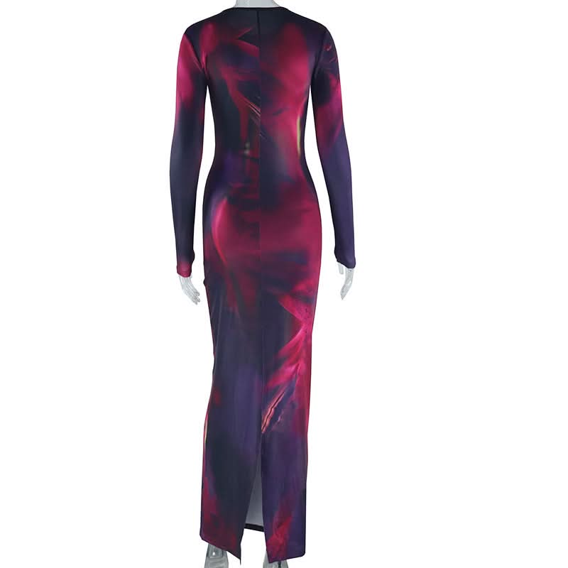 Long sleeve crewneck contrast slit maxi dress  | Festival Outfits Women