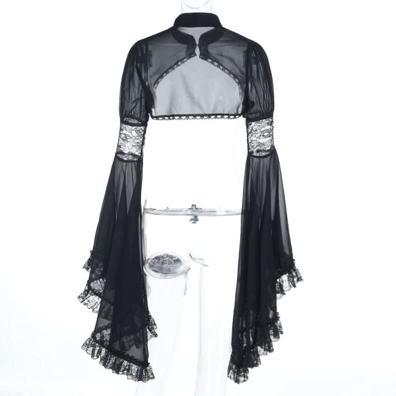 Long flared sleeve chiffon lace hem see through top  | Festival Outfits Women