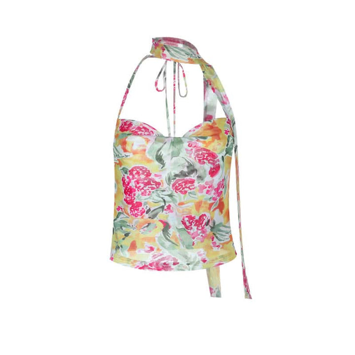Halter self tie cowl neck mesh print top  | Festival Outfits Women