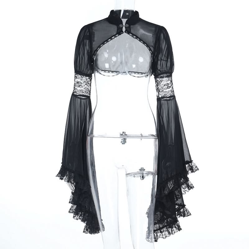 Long flared sleeve chiffon lace hem see through top  | Festival Outfits Women