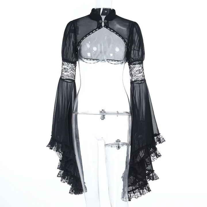 Long flared sleeve chiffon lace hem see through top  | Festival Outfits Women