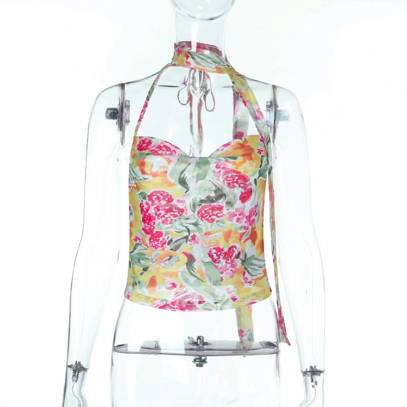 Halter self tie cowl neck mesh print top  | Festival Outfits Women