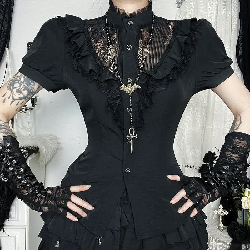 Short sleeve ruffle high neck self tie top  | Festival Outfits Women