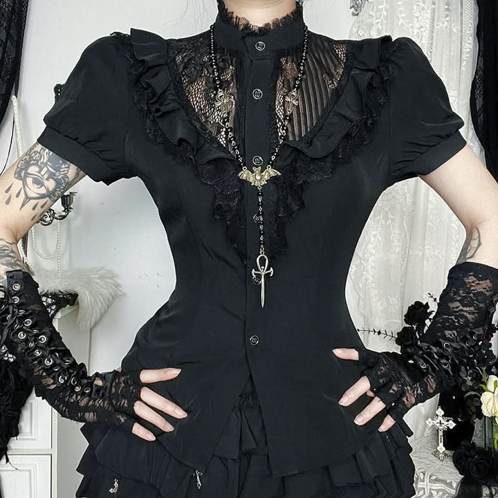 Short sleeve ruffle high neck self tie top  | Festival Outfits Women