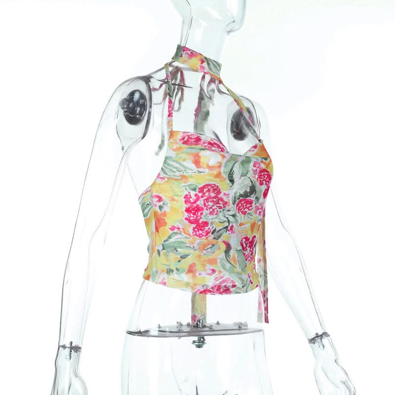 Halter self tie cowl neck mesh print top  | Festival Outfits Women