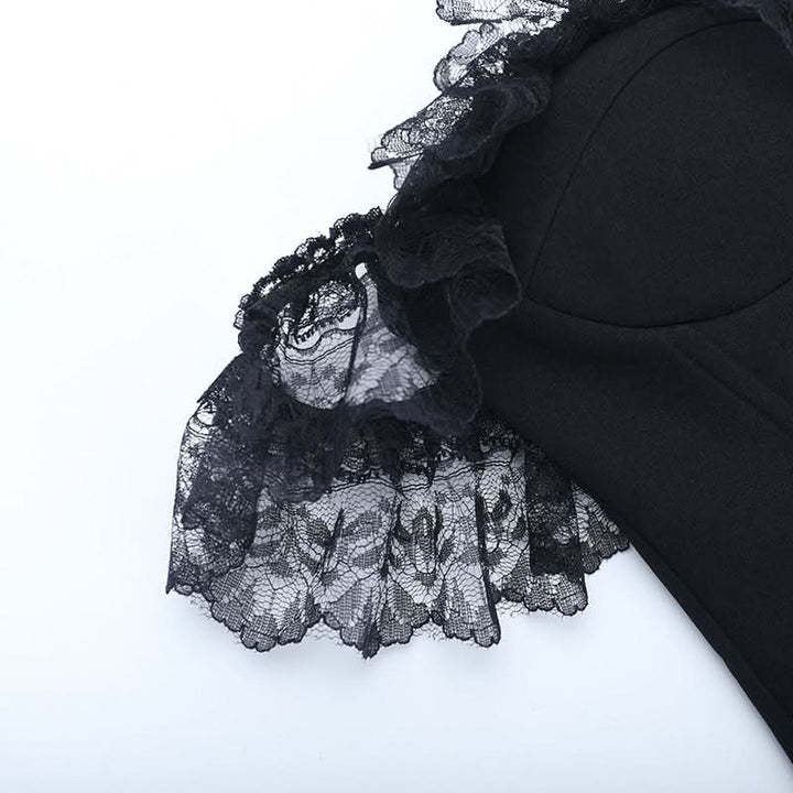 Lace hem off shoulder ribbon zip-up tube top  | Festival Outfits Women