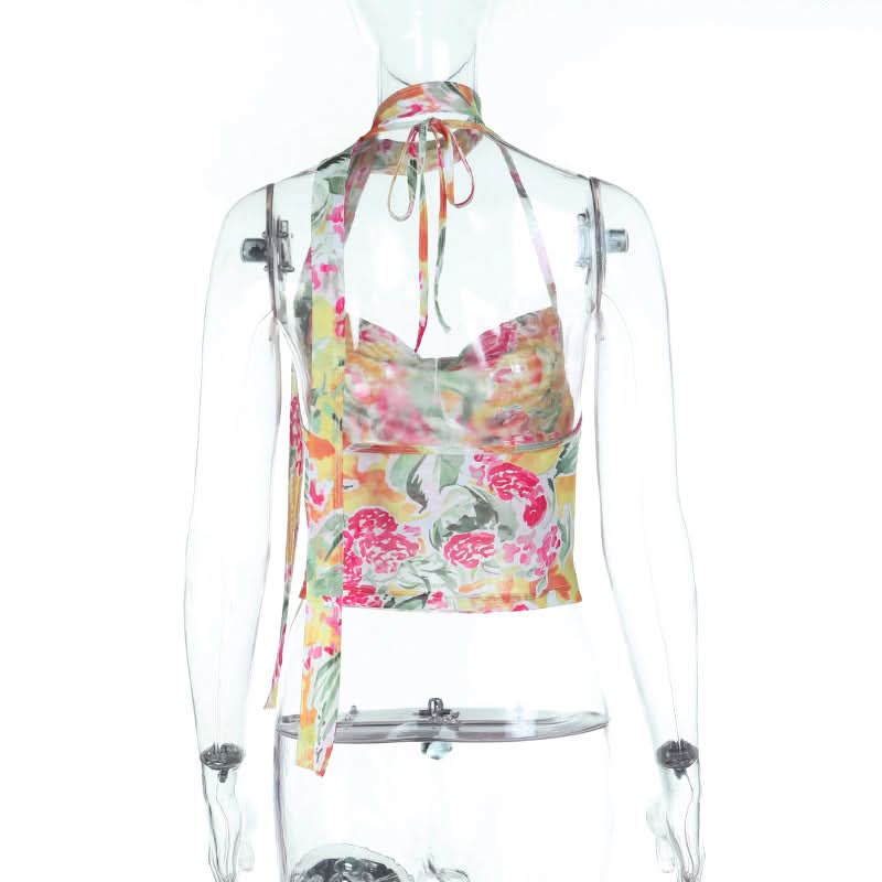 Halter self tie cowl neck mesh print top  | Festival Outfits Women