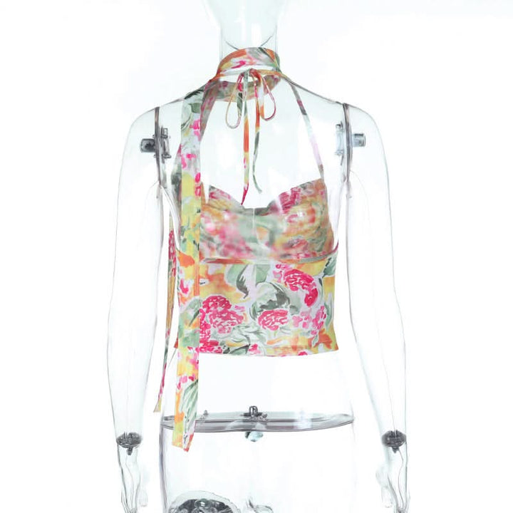 Halter self tie cowl neck mesh print top  | Festival Outfits Women