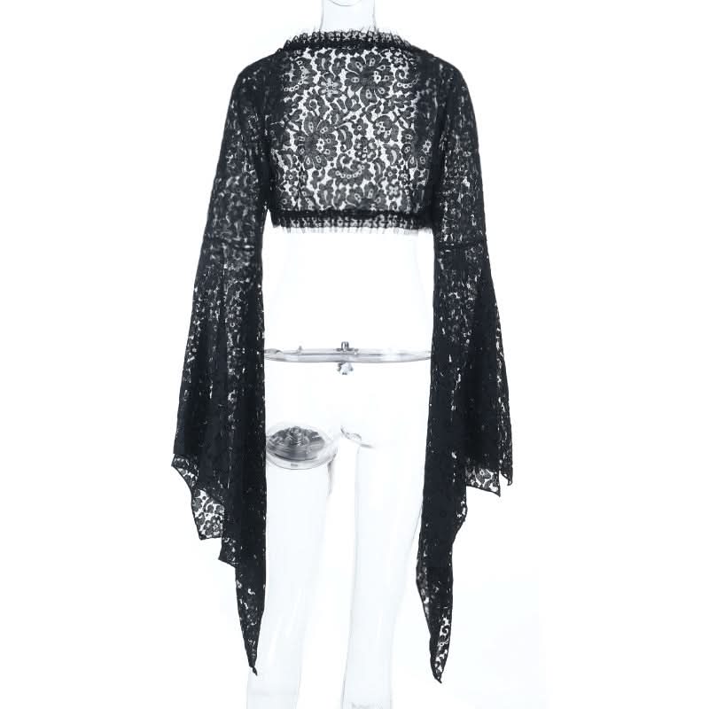 Long flared sleeve ruffle hollow out shrug cut out top  | Festival Outfits Women