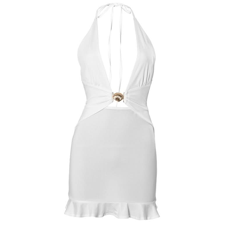 Ruffle halter self tie deep v neck mini dress  | Festival Outfits Women