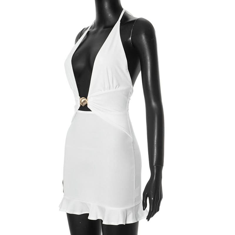Ruffle halter self tie deep v neck mini dress  | Festival Outfits Women