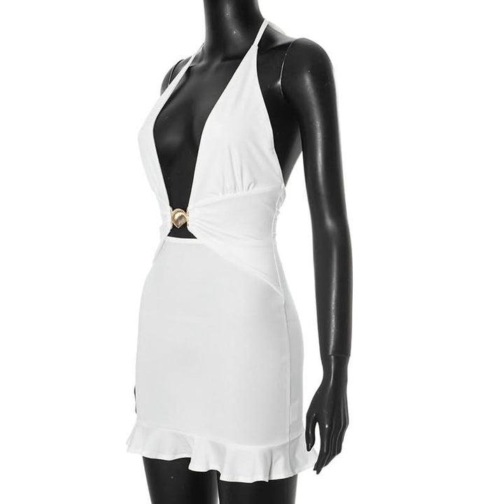 Ruffle halter self tie deep v neck mini dress  | Festival Outfits Women
