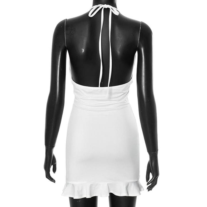 Ruffle halter self tie deep v neck mini dress  | Festival Outfits Women