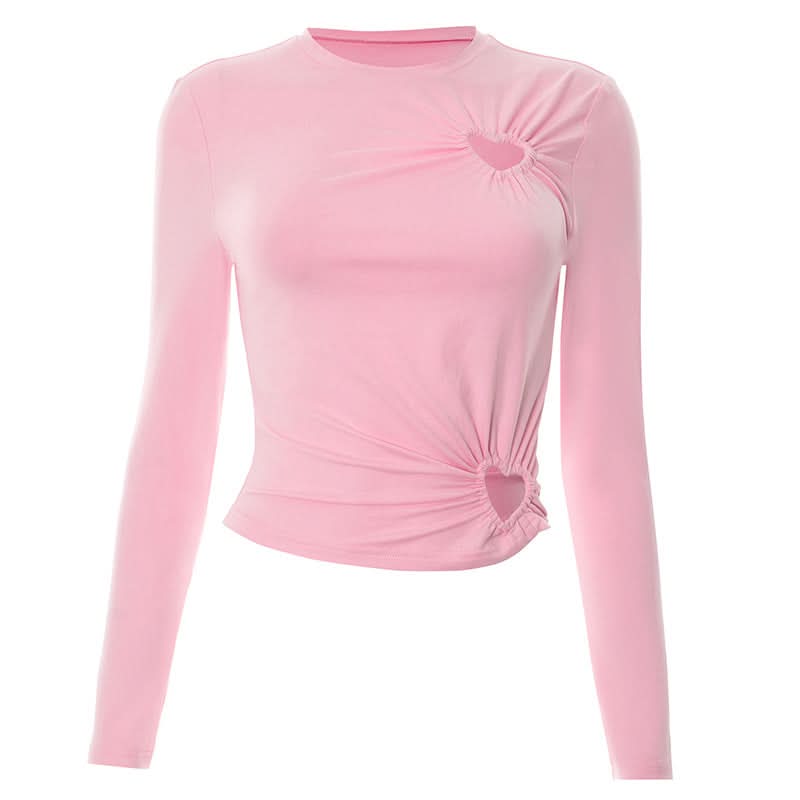 Long sleeve hollow out crewneck ruched cut out top  | Festival Outfits Women