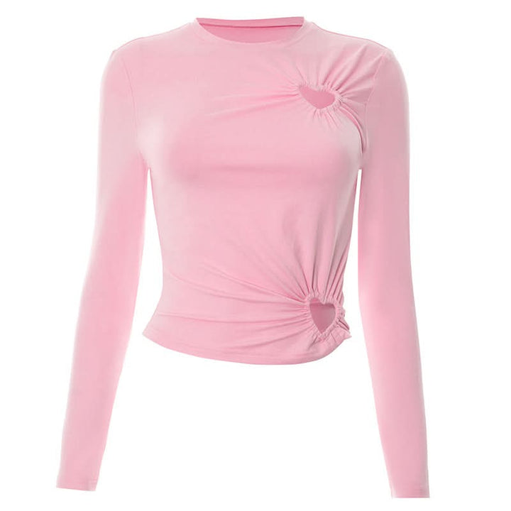 Long sleeve hollow out crewneck ruched cut out top  | Festival Outfits Women