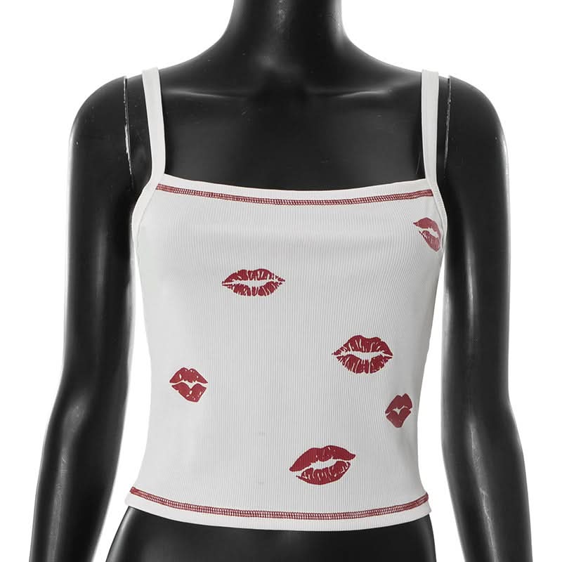 Ribbed lips print square neck stitch cami top  | Festival Outfits Women