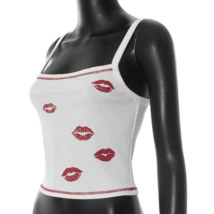 Ribbed lips print square neck stitch cami top  | Festival Outfits Women
