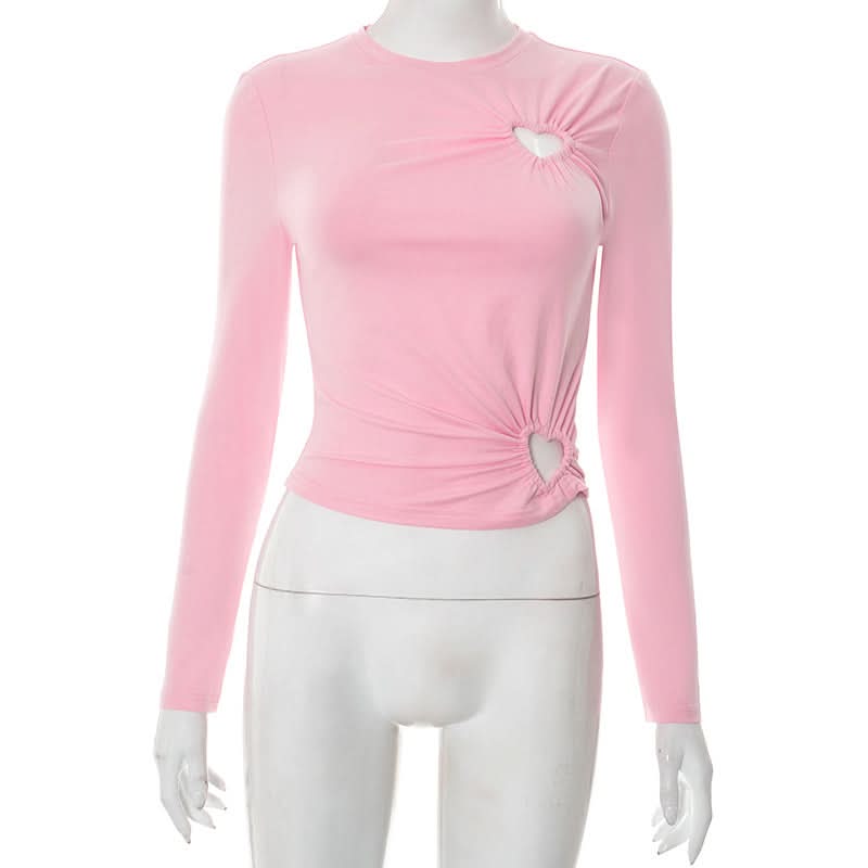 Long sleeve hollow out crewneck ruched cut out top  | Festival Outfits Women