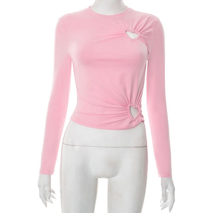 Long sleeve hollow out crewneck ruched cut out top  | Festival Outfits Women
