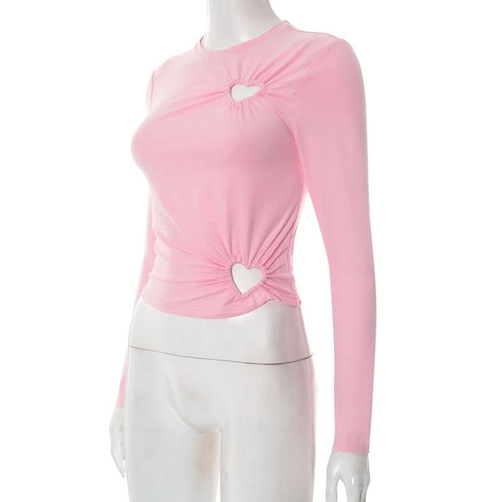 Long sleeve hollow out crewneck ruched cut out top  | Festival Outfits Women