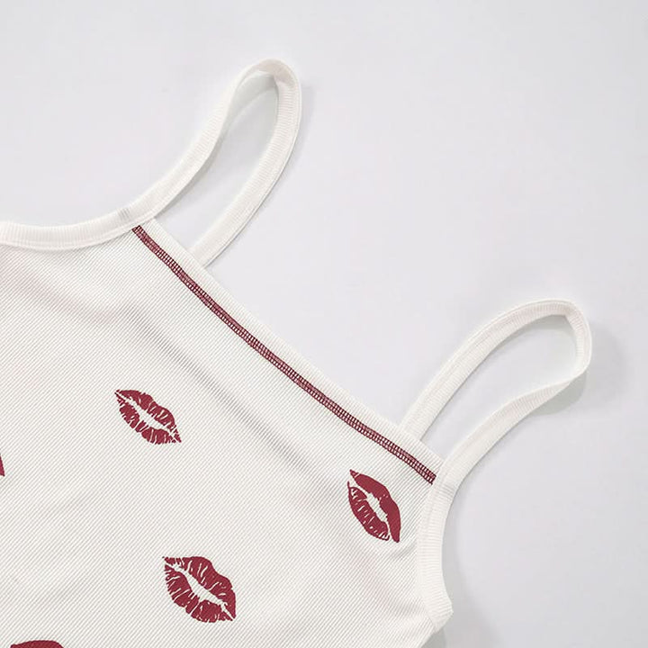 Ribbed lips print square neck stitch cami top  | Festival Outfits Women