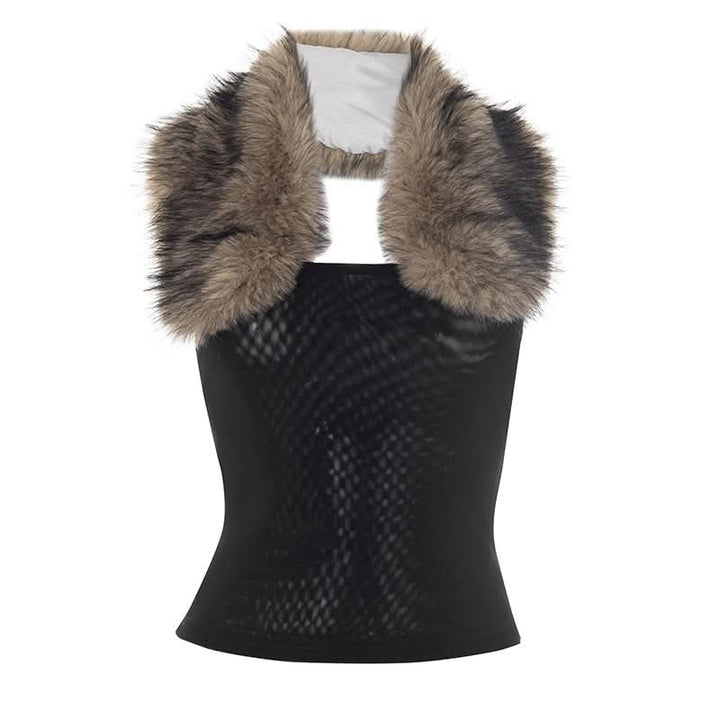Halter fluffy mesh backless patchwork top  | Festival Outfits Women