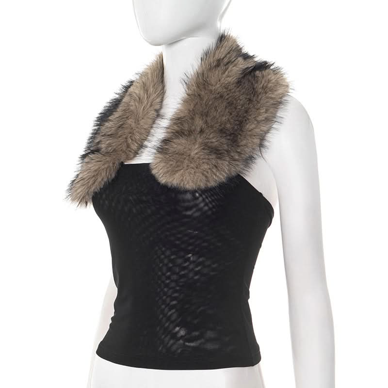Halter fluffy mesh backless patchwork top  | Festival Outfits Women