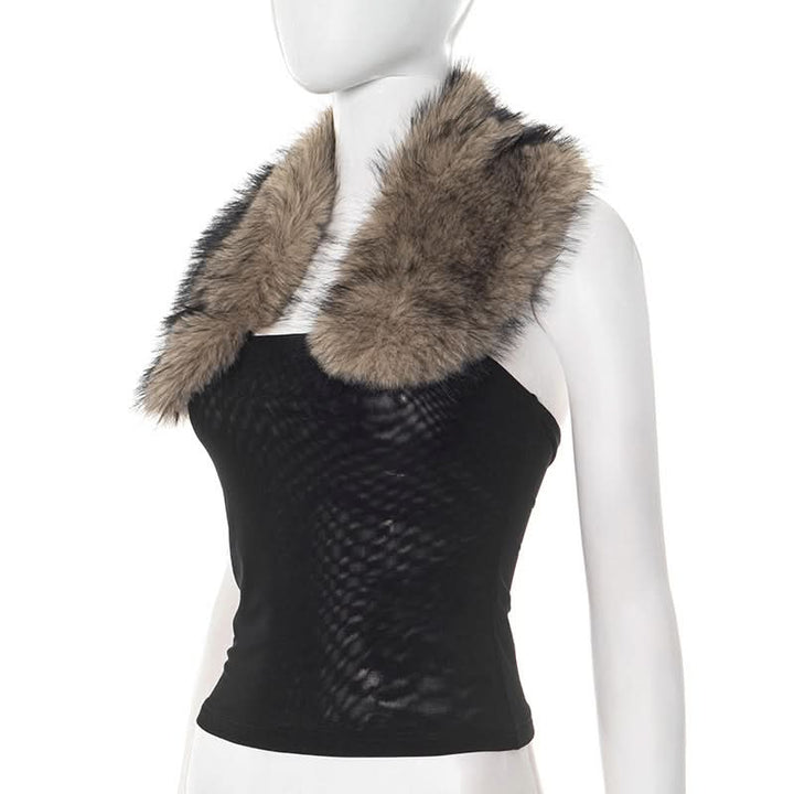 Halter fluffy mesh backless patchwork top  | Festival Outfits Women