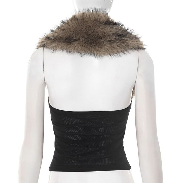 Halter fluffy mesh backless patchwork top  | Festival Outfits Women