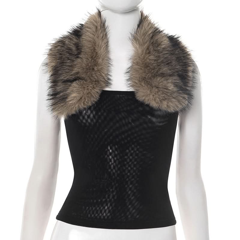 Halter fluffy mesh backless patchwork top  | Festival Outfits Women