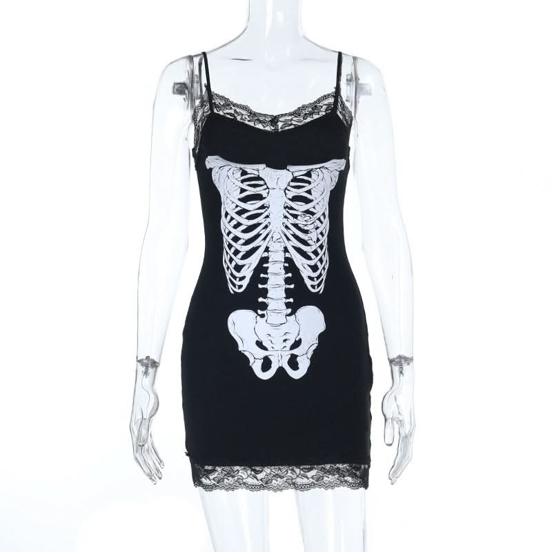 Lace hem v neck skeleton print cami mini dress  | Festival Outfits Women