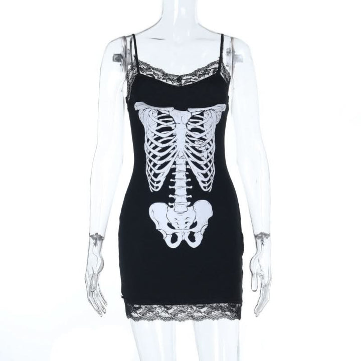 Lace hem v neck skeleton print cami mini dress  | Festival Outfits Women