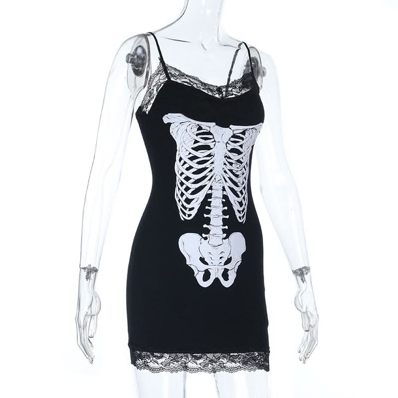 Lace hem v neck skeleton print cami mini dress  | Festival Outfits Women