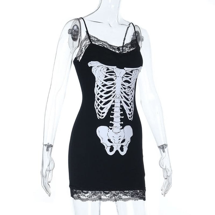 Lace hem v neck skeleton print cami mini dress  | Festival Outfits Women