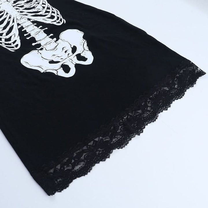 Lace hem v neck skeleton print cami mini dress  | Festival Outfits Women