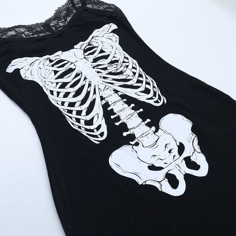 Lace hem v neck skeleton print cami mini dress  | Festival Outfits Women