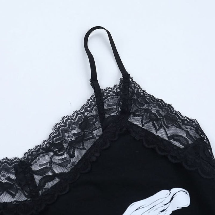 Lace hem v neck skeleton print cami mini dress  | Festival Outfits Women