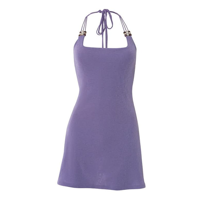 Square neck beaded halter self tie mini dress  | Festival Outfits Women