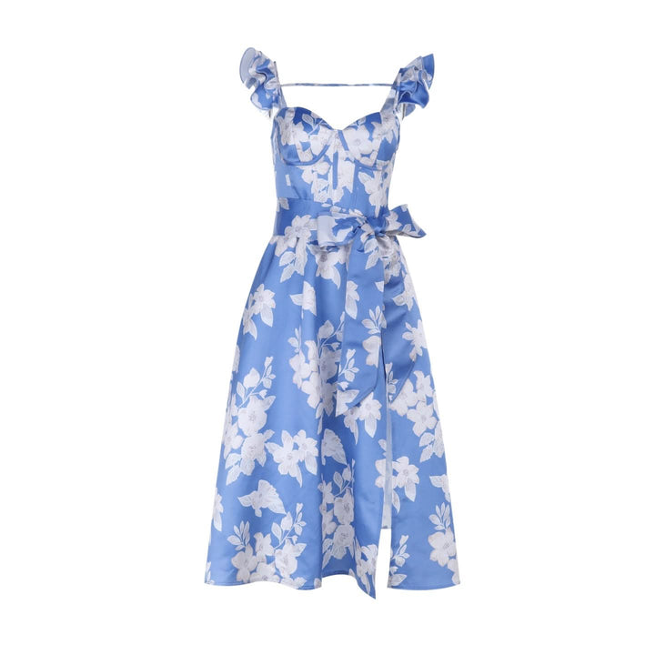 Ruffle flower print zip-up slit v neck midi dress  | Festival Outfits Women