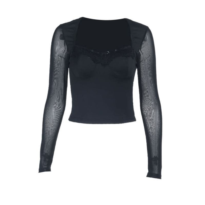 Mesh long sleeve lace hem v neck top  | Festival Outfits Women