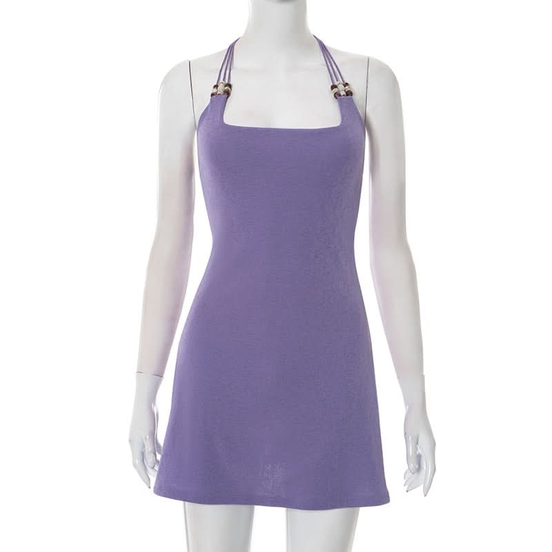 Square neck beaded halter self tie mini dress  | Festival Outfits Women