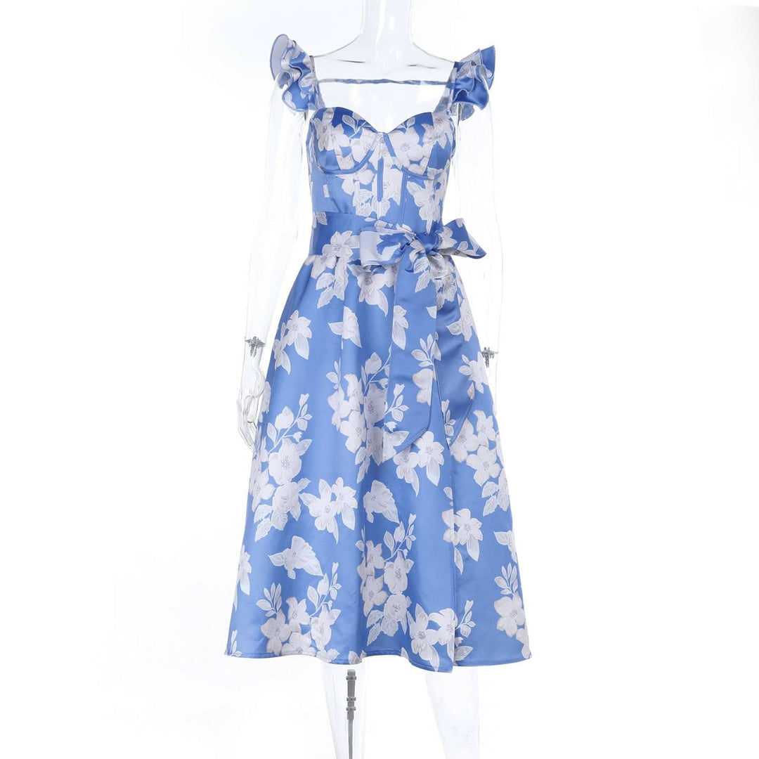 Ruffle flower print zip-up slit v neck midi dress  | Festival Outfits Women