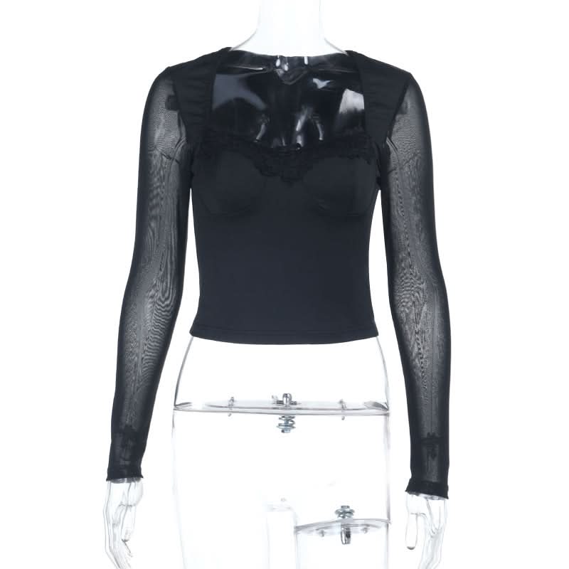 Mesh long sleeve lace hem v neck top  | Festival Outfits Women