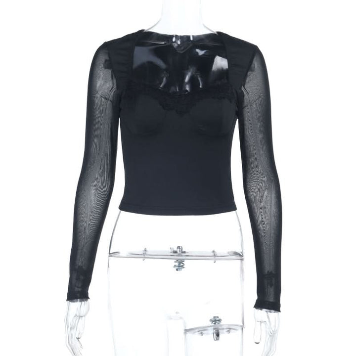 Mesh long sleeve lace hem v neck top  | Festival Outfits Women
