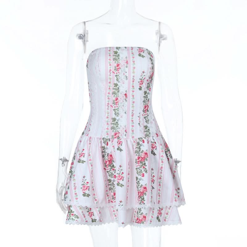 Lace hem flower print zip-up tube mini dress  | Festival Outfits Women