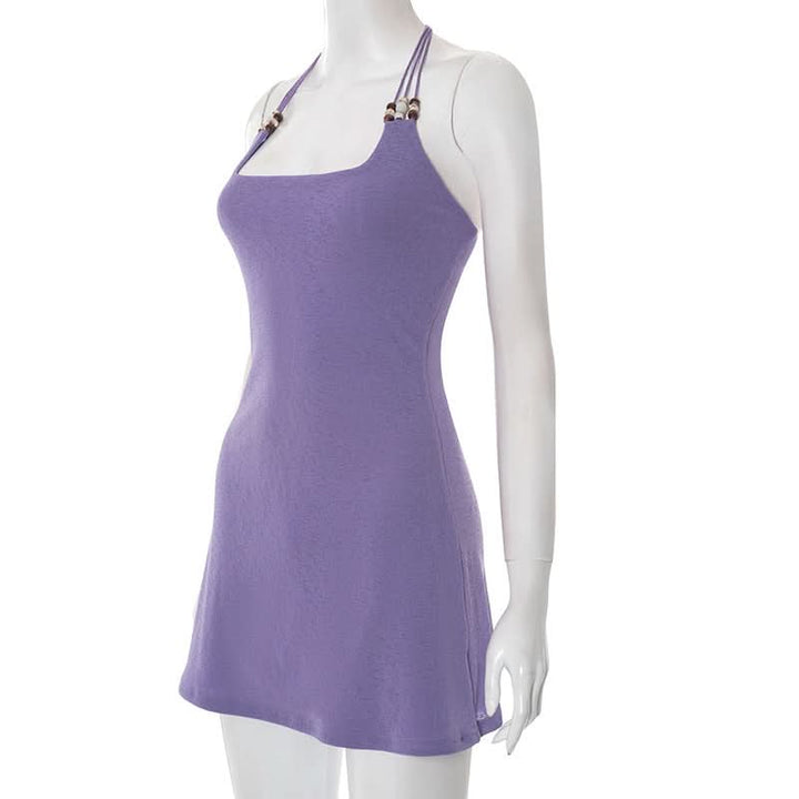 Square neck beaded halter self tie mini dress  | Festival Outfits Women